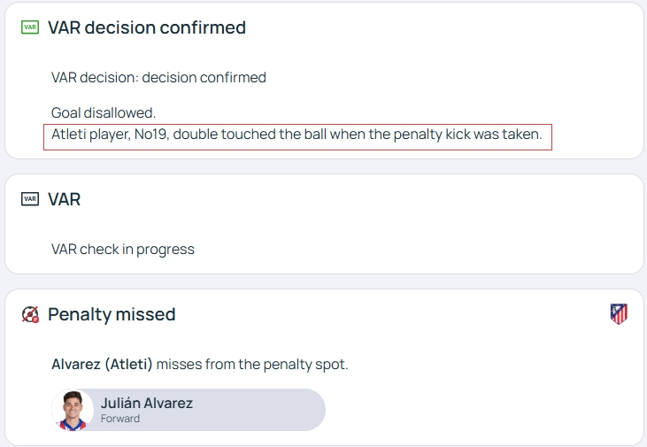 官方明確！歐冠官網(wǎng)：阿爾瓦雷斯罰點(diǎn)時(shí)2次觸球，VAR決定進(jìn)球無效